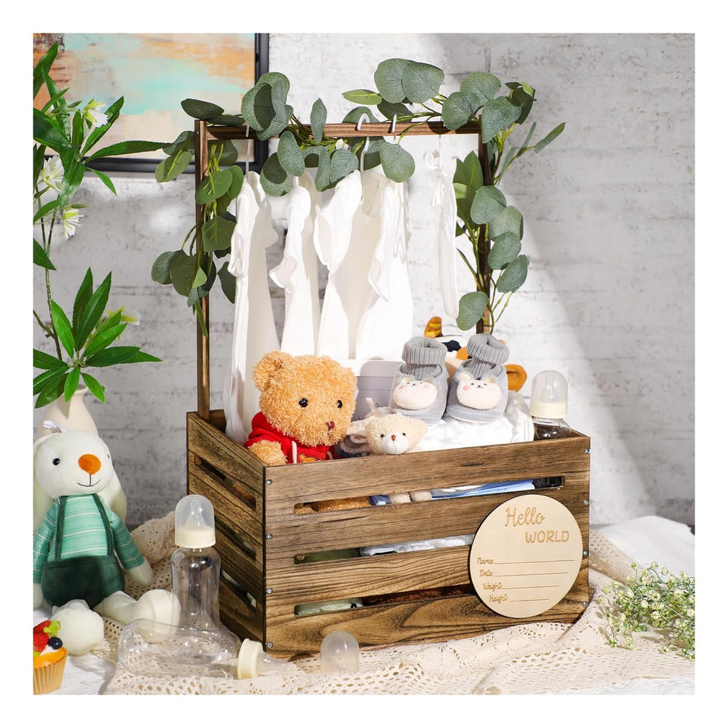 Wooden Baby Shower Crate Closet Basket with Handle Baby Announcement Sign Garland Hangers Large Letter, Wooden Gift Crate, Letters for Pregnancy New Parent Party