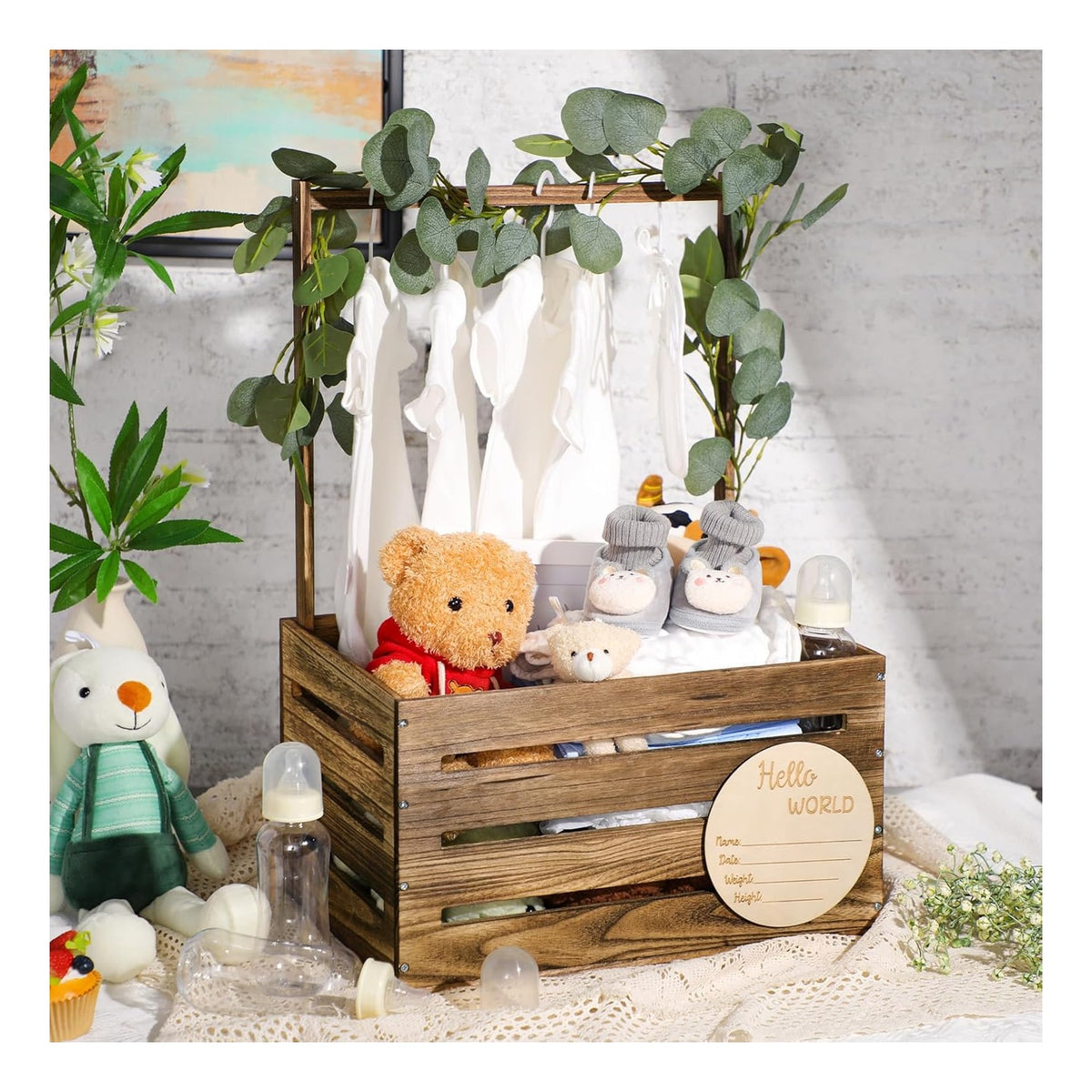 Wooden Baby Shower Crate Closet Basket with Handle Baby Announcement Sign Garland Hangers Large Letter, Wooden Gift Crate, Letters for Pregnancy New Parent Party