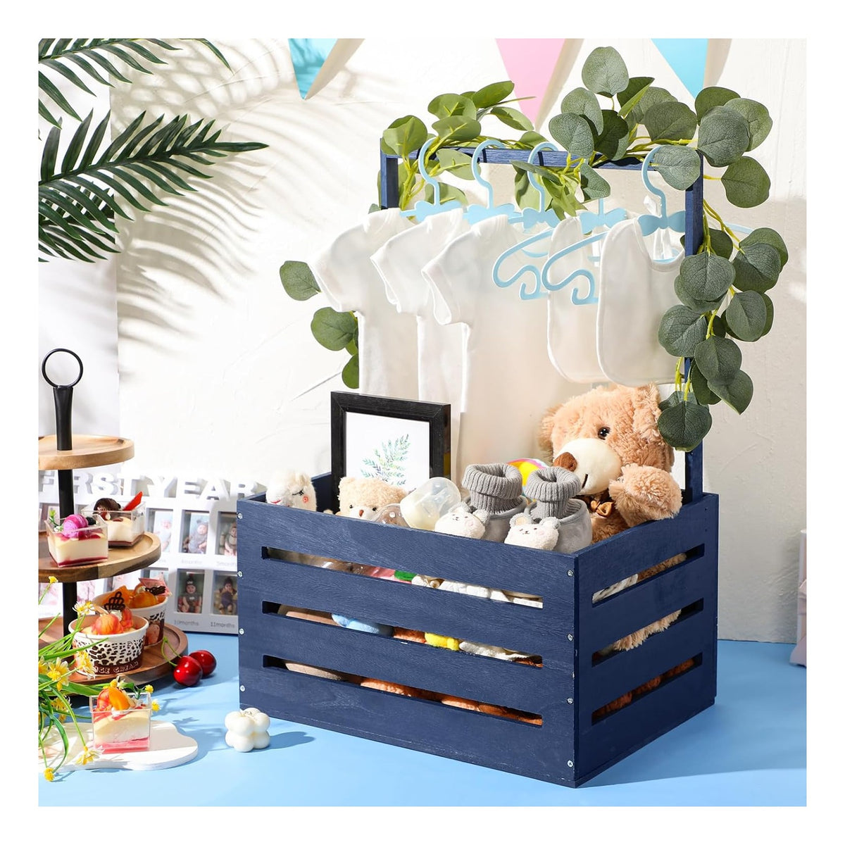 Wooden Baby Shower Crate Closet Basket with Handle Baby Announcement Sign Garland Hangers Large Letter, Wooden Gift Crate, Letters for Pregnancy New Parent Party