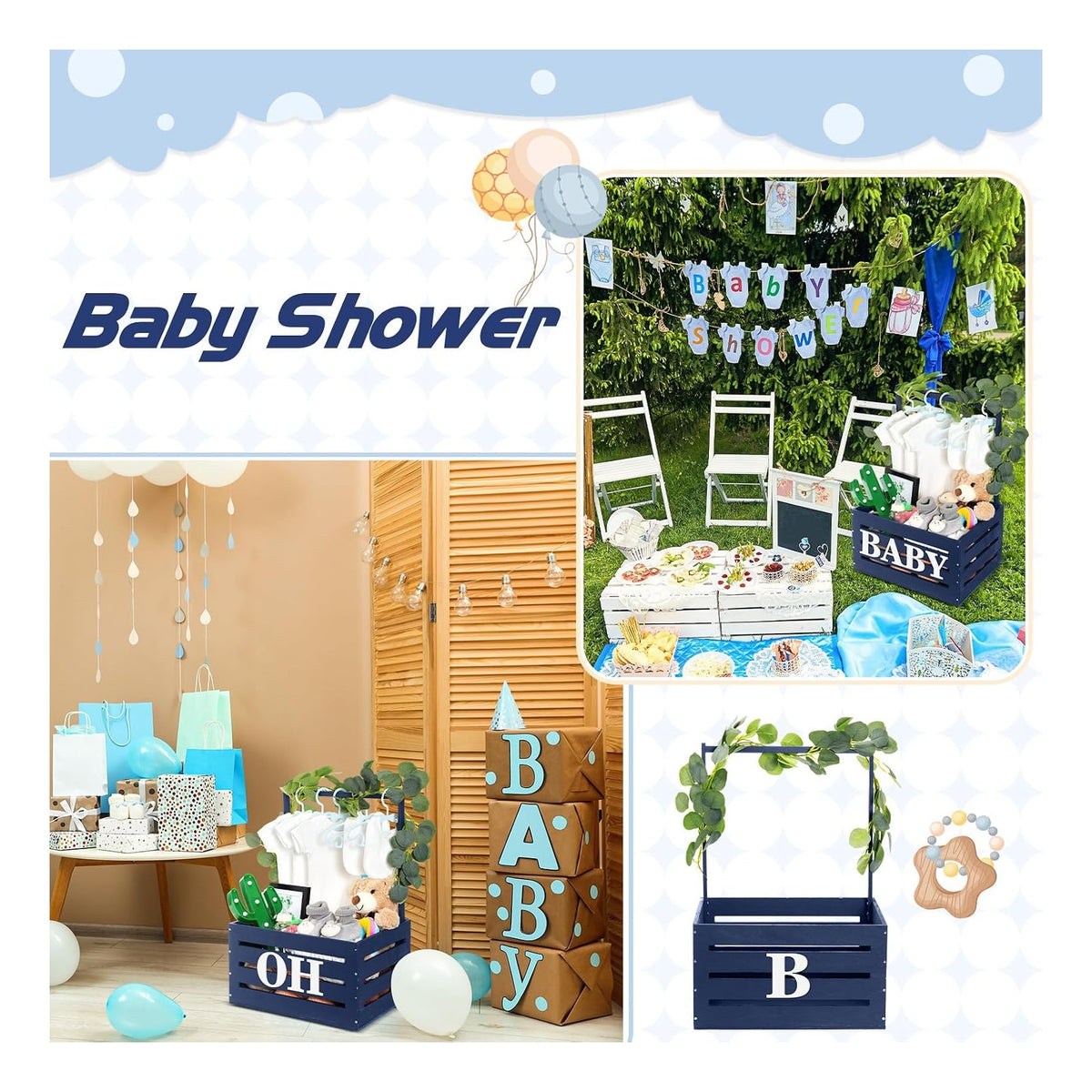 Wooden Baby Shower Crate Closet Basket with Handle Baby Announcement Sign Garland Hangers Large Letter, Wooden Gift Crate, Letters for Pregnancy New Parent Party