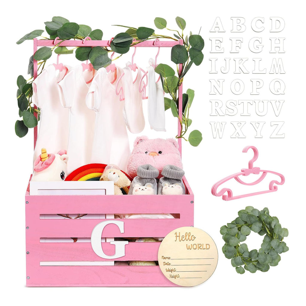 Wooden Baby Shower Crate Closet Basket with Handle Baby Announcement Sign Garland Hangers Large Letter, Wooden Gift Crate, Letters for Pregnancy New Parent Party