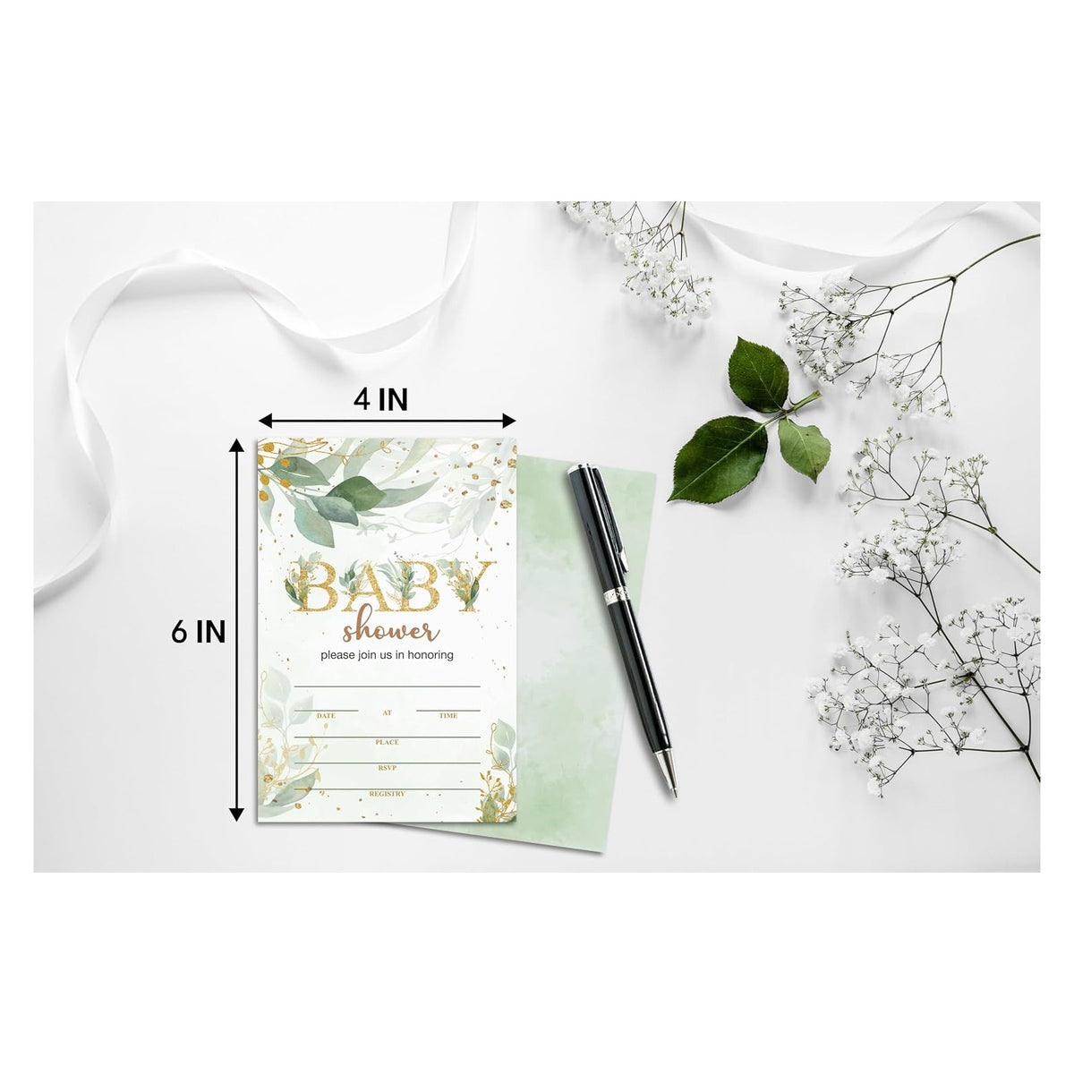 Baby Shower Invitations, Gold Greenery Fill-in Invites for Baby Shower, Baby Shower Decorations for Boys or Girls, Greenery Gender Reveal Party Invitations (25 Invitations and Envelopes)