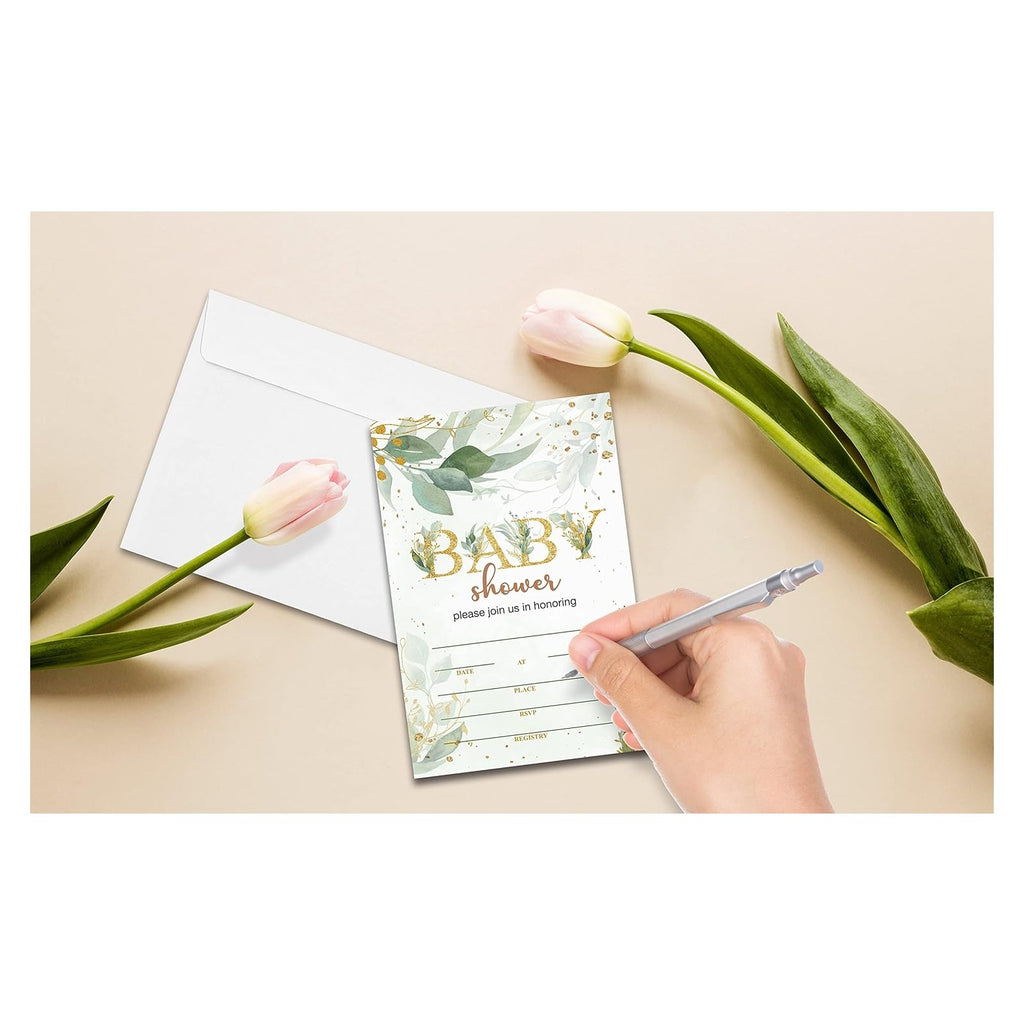 Baby Shower Invitations, Gold Greenery Fill-in Invites for Baby Shower, Baby Shower Decorations for Boys or Girls, Greenery Gender Reveal Party Invitations (25 Invitations and Envelopes)
