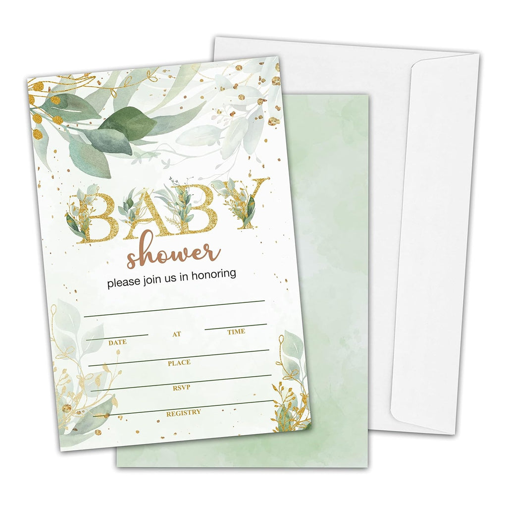 Baby Shower Invitations, Gold Greenery Fill-in Invites for Baby Shower, Baby Shower Decorations for Boys or Girls, Greenery Gender Reveal Party Invitations (25 Invitations and Envelopes)