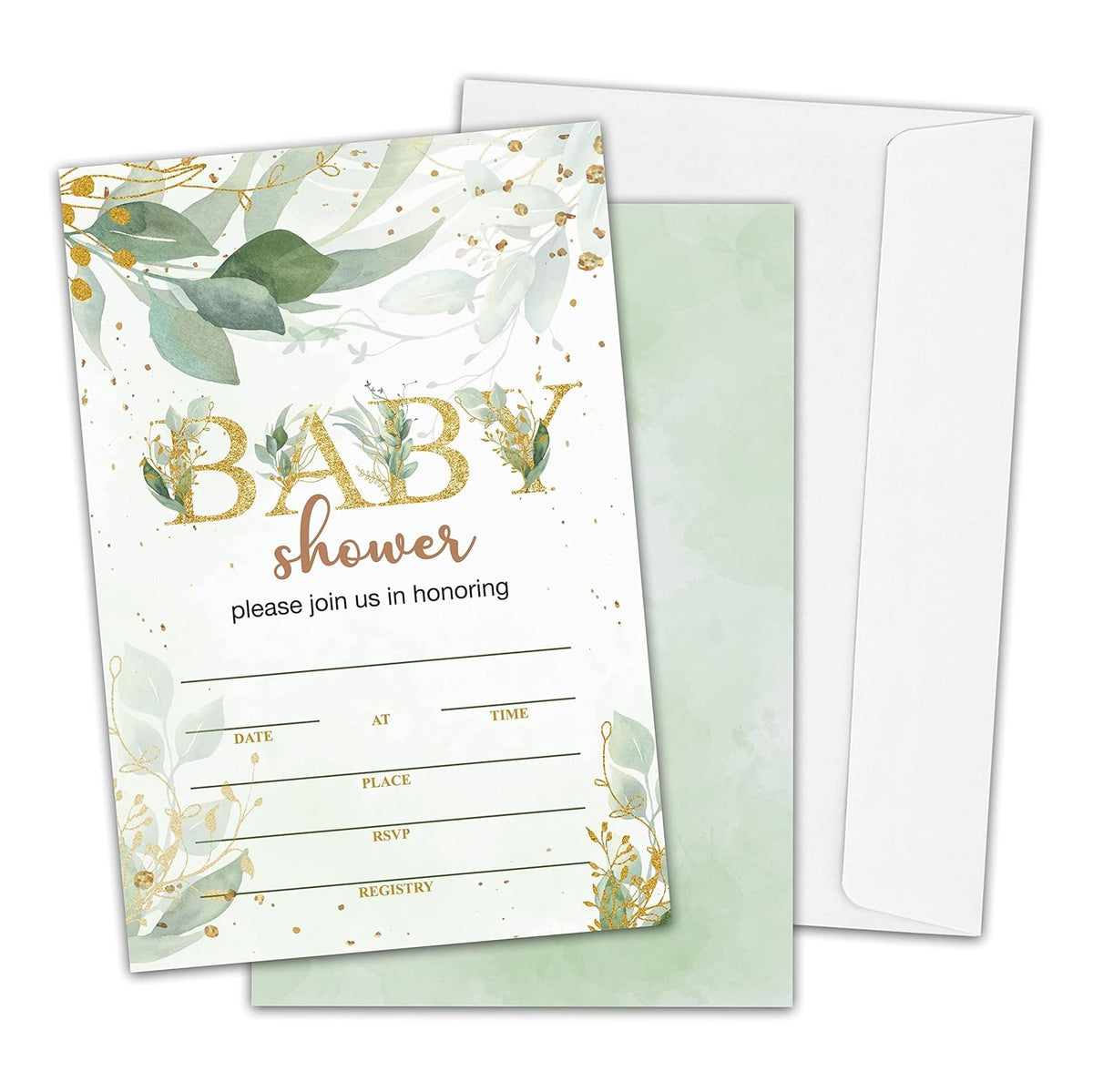 Baby Shower Invitations, Gold Greenery Fill-in Invites for Baby Shower, Baby Shower Decorations for Boys or Girls, Greenery Gender Reveal Party Invitations (25 Invitations and Envelopes)
