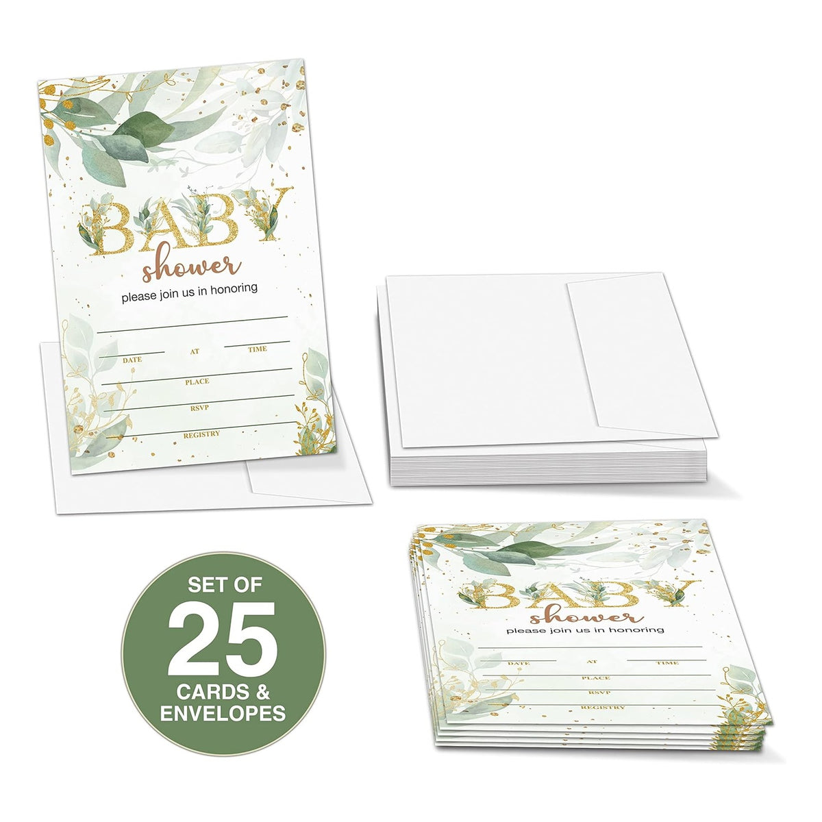 Baby Shower Invitations, Gold Greenery Fill-in Invites for Baby Shower, Baby Shower Decorations for Boys or Girls, Greenery Gender Reveal Party Invitations (25 Invitations and Envelopes)