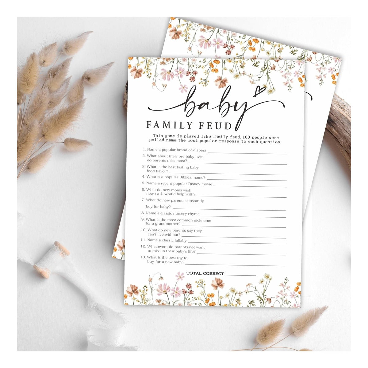 Baby Shower Game Cards, 30 Double-Sided Game Cards & 1 Answer Cards, Baby Announcement, Family Feud Game Cards, Spring Flower, Gender Reveal Party Favor, Activity