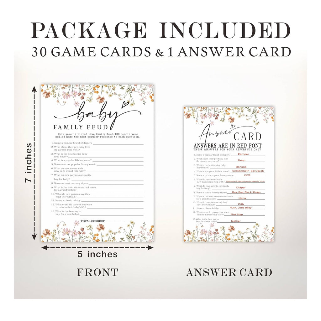 Baby Shower Game Cards, 30 Double-Sided Game Cards & 1 Answer Cards, Baby Announcement, Family Feud Game Cards, Spring Flower, Gender Reveal Party Favor, Activity