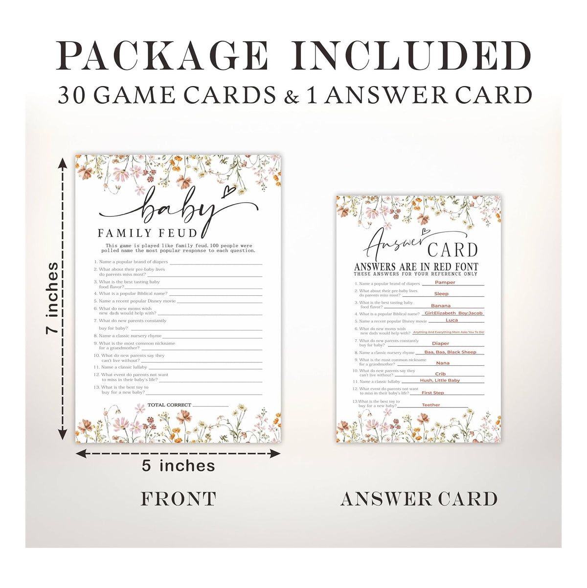 Baby Shower Game Cards, 30 Double-Sided Game Cards & 1 Answer Cards, Baby Announcement, Family Feud Game Cards, Spring Flower, Gender Reveal Party Favor, Activity