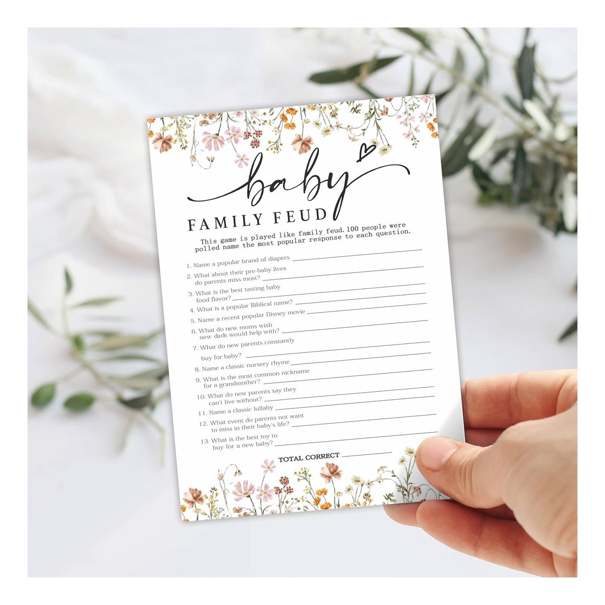 Baby Shower Game Cards, 30 Double-Sided Game Cards & 1 Answer Cards, Baby Announcement, Family Feud Game Cards, Spring Flower, Gender Reveal Party Favor, Activity