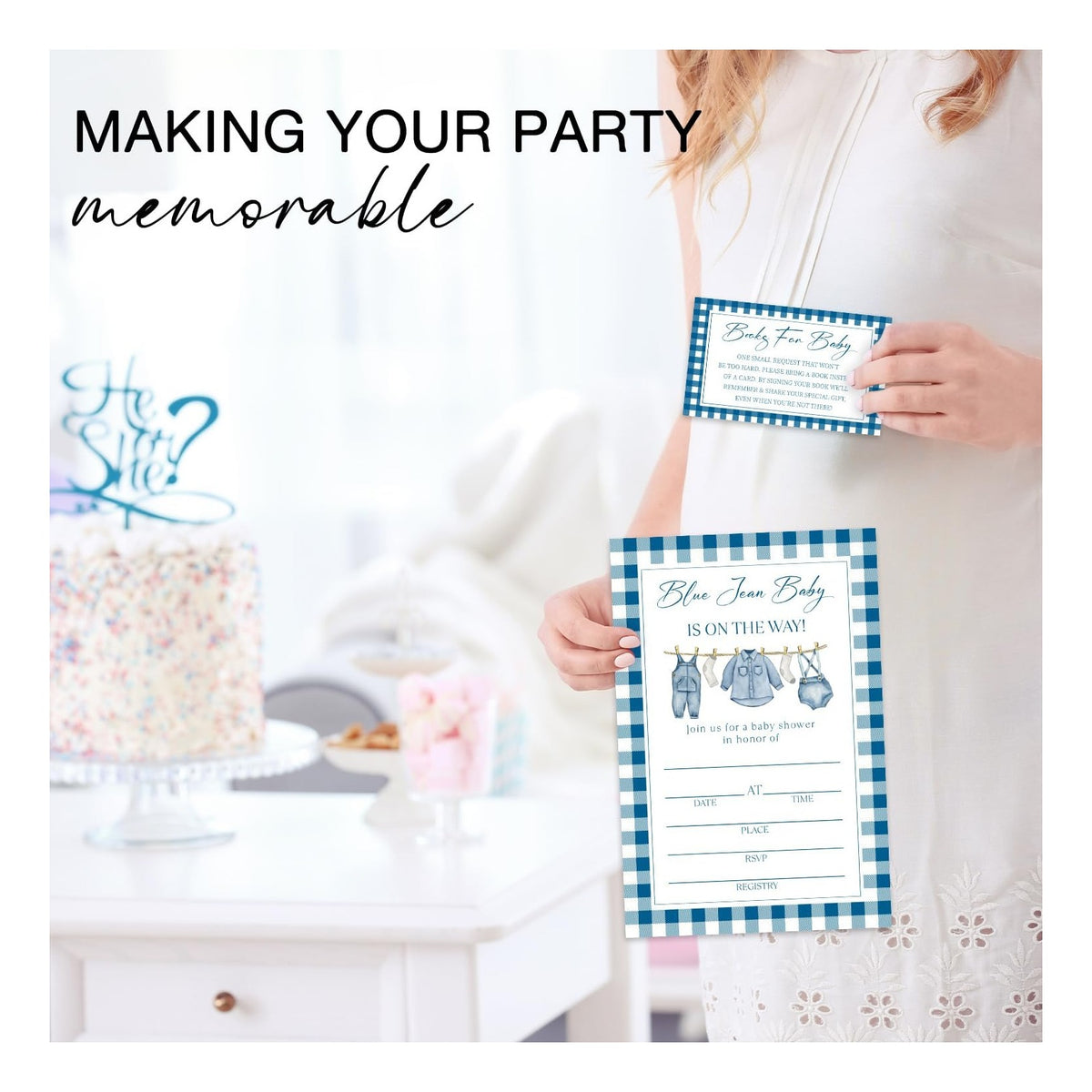 Blue Jean Baby Shower Invitations, 25 Baby Shower Invites for Boy with Book Request & Advice and Wishes Cards(25 Pcs Each), Announcement Gender Reveal Party Favor Supplies