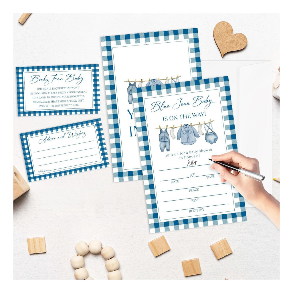 Blue Jean Baby Shower Invitations, 25 Baby Shower Invites for Boy with Book Request & Advice and Wishes Cards(25 Pcs Each), Announcement Gender Reveal Party Favor Supplies