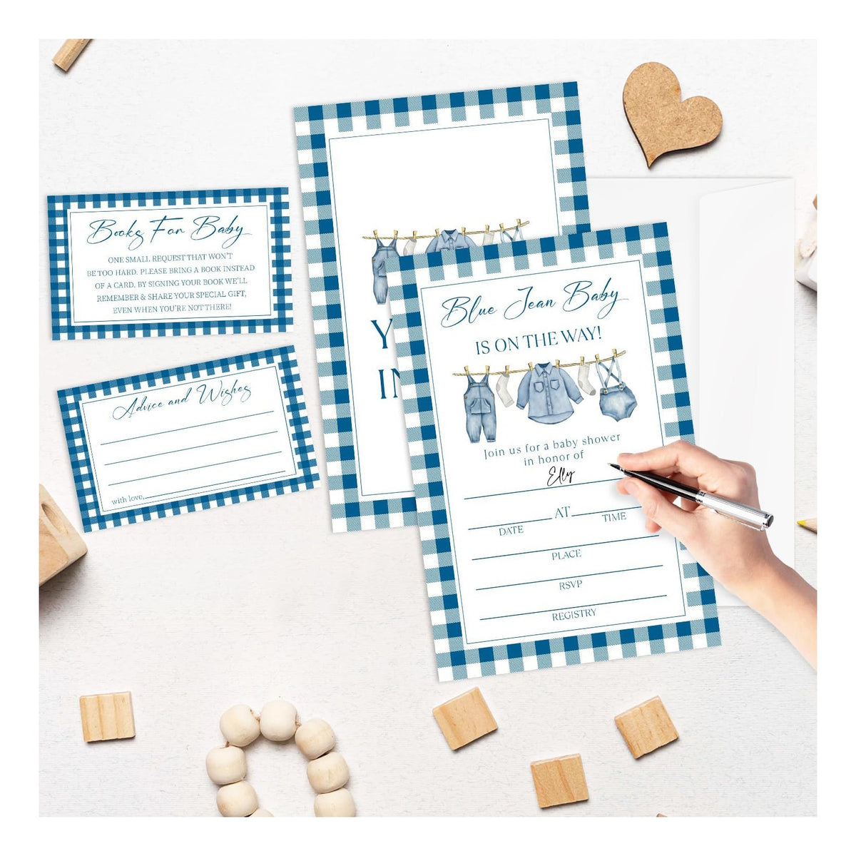 Blue Jean Baby Shower Invitations, 25 Baby Shower Invites for Boy with Book Request & Advice and Wishes Cards(25 Pcs Each), Announcement Gender Reveal Party Favor Supplies