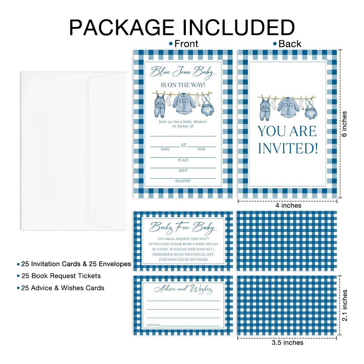 Blue Jean Baby Shower Invitations, 25 Baby Shower Invites for Boy with Book Request & Advice and Wishes Cards(25 Pcs Each), Announcement Gender Reveal Party Favor Supplies