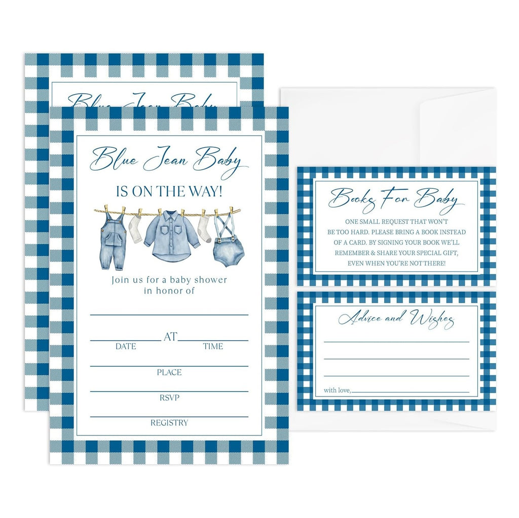 Blue Jean Baby Shower Invitations, 25 Baby Shower Invites for Boy with Book Request & Advice and Wishes Cards(25 Pcs Each), Announcement Gender Reveal Party Favor Supplies