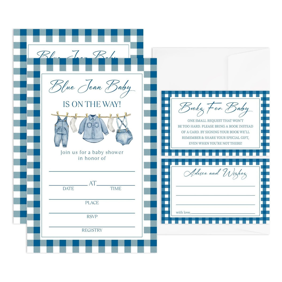 Blue Jean Baby Shower Invitations, 25 Baby Shower Invites for Boy with Book Request & Advice and Wishes Cards(25 Pcs Each), Announcement Gender Reveal Party Favor Supplies
