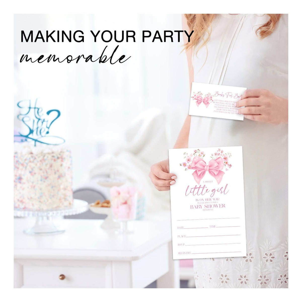 Floral Pink Bow Baby Shower Invitations, 25 Baby Shower Invites for Girl with Book Request & Advice and Wishes Cards(25 Pcs Each), Announcement Gender Reveal Party Favor Supplies