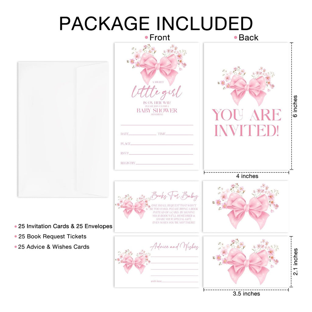 Floral Pink Bow Baby Shower Invitations, 25 Baby Shower Invites for Girl with Book Request & Advice and Wishes Cards(25 Pcs Each), Announcement Gender Reveal Party Favor Supplies