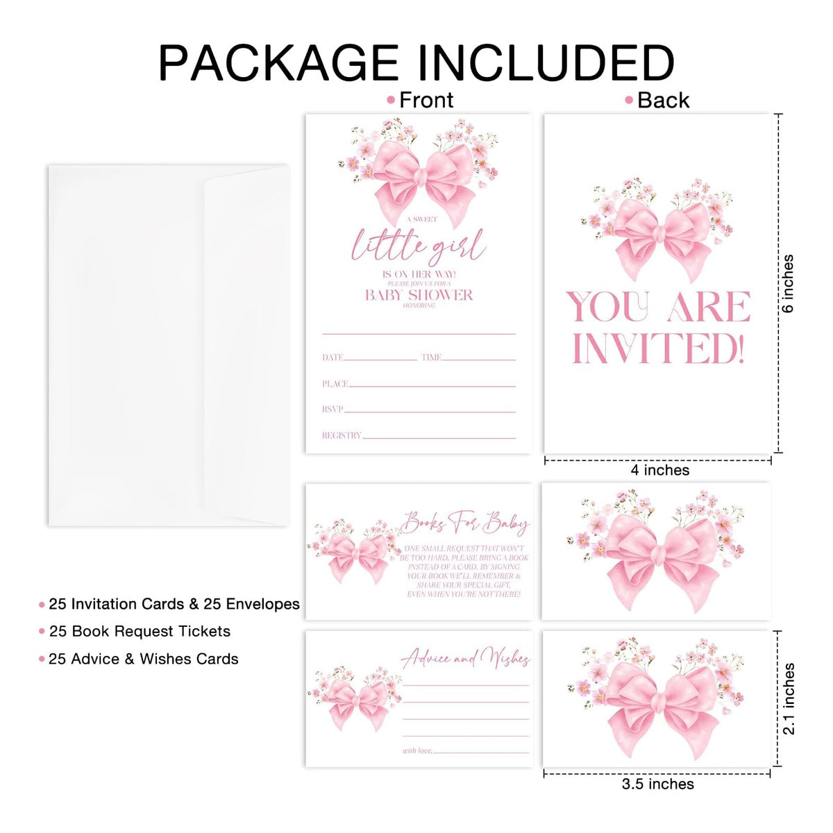 Floral Pink Bow Baby Shower Invitations, 25 Baby Shower Invites for Girl with Book Request & Advice and Wishes Cards(25 Pcs Each), Announcement Gender Reveal Party Favor Supplies