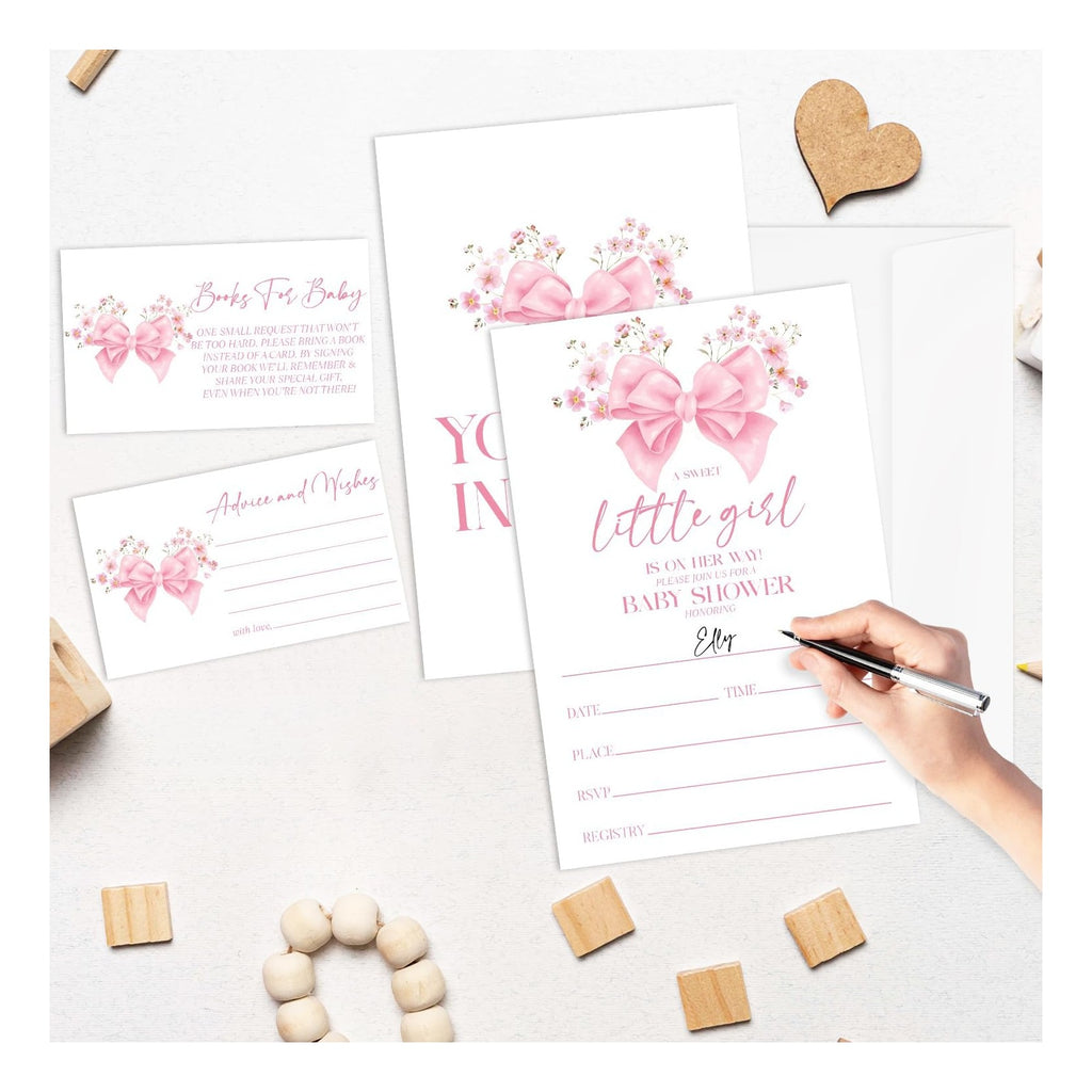 Floral Pink Bow Baby Shower Invitations, 25 Baby Shower Invites for Girl with Book Request & Advice and Wishes Cards(25 Pcs Each), Announcement Gender Reveal Party Favor Supplies