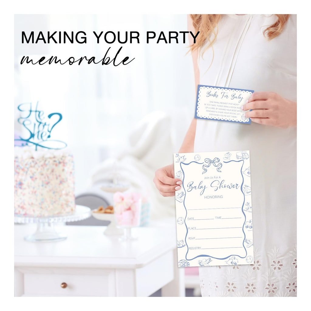 Blue Toy Baby Shower Invitations, 25 Baby Shower Invites for Boy with Book Request & Advice and Wishes Cards(25 Pcs Each), Announcement Gender Reveal Party Favor Supplies