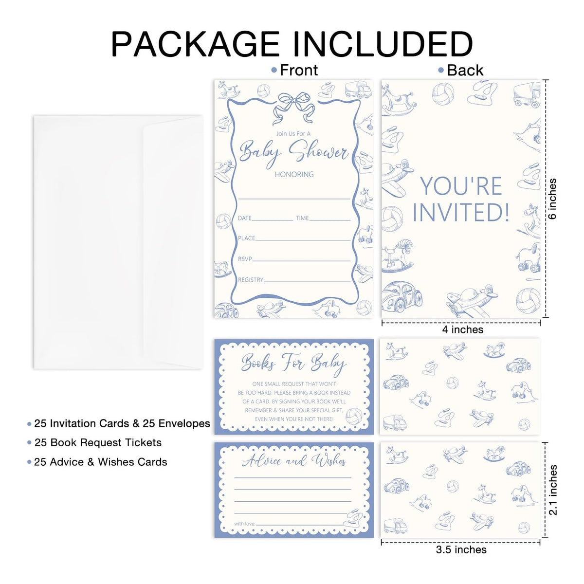 Blue Toy Baby Shower Invitations, 25 Baby Shower Invites for Boy with Book Request & Advice and Wishes Cards(25 Pcs Each), Announcement Gender Reveal Party Favor Supplies