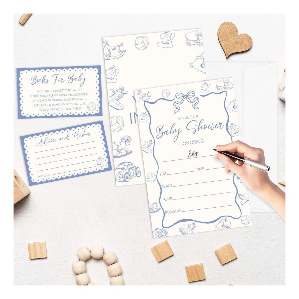 Blue Toy Baby Shower Invitations, 25 Baby Shower Invites for Boy with Book Request & Advice and Wishes Cards(25 Pcs Each), Announcement Gender Reveal Party Favor Supplies