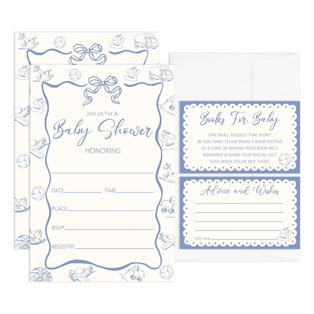 Blue Toy Baby Shower Invitations, 25 Baby Shower Invites for Boy with Book Request & Advice and Wishes Cards(25 Pcs Each), Announcement Gender Reveal Party Favor Supplies