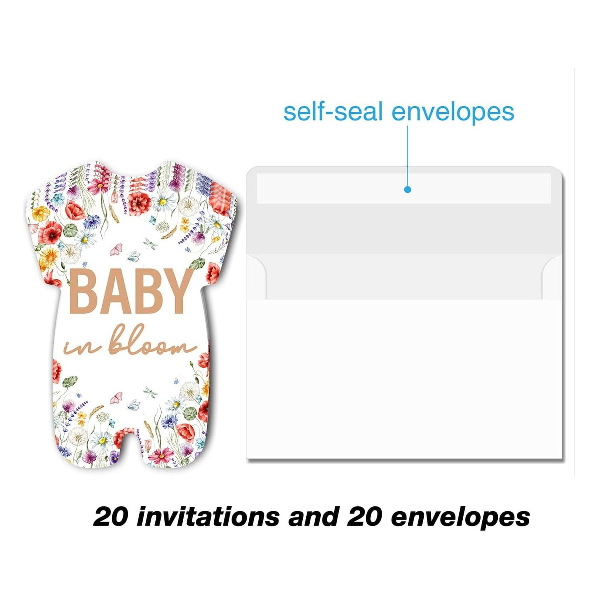 Floral Girl Baby Shower Invitations - Wildflower Bloom Baby Shower Party Invitation Cards - 20 Fill-in Invites with Envelopes