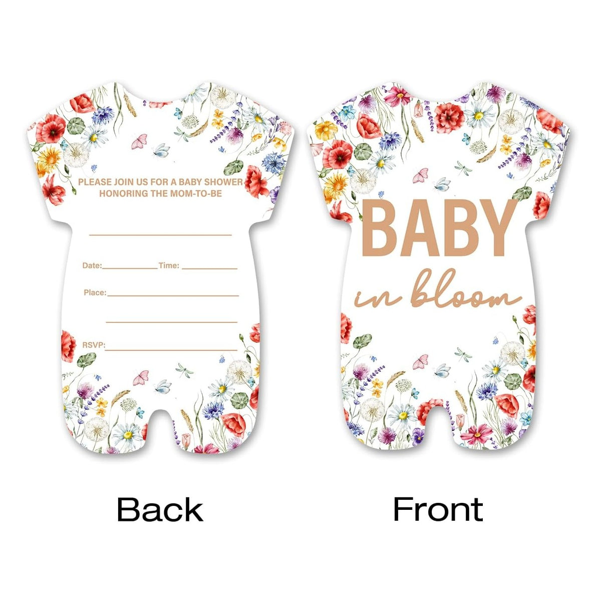 Floral Girl Baby Shower Invitations - Wildflower Bloom Baby Shower Party Invitation Cards - 20 Fill-in Invites with Envelopes