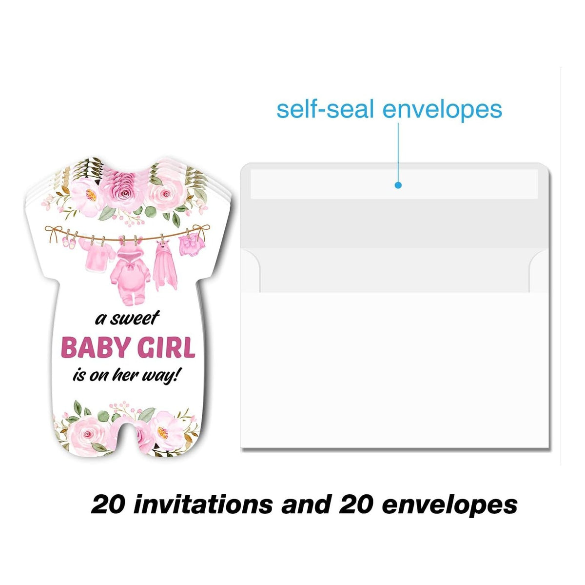 Cute Pink Baby Shower Invitations for Girl - Pink Clothes Shaped Baby Shower Party Invitation Cards - 20 Fill-in Invites with Envelopes