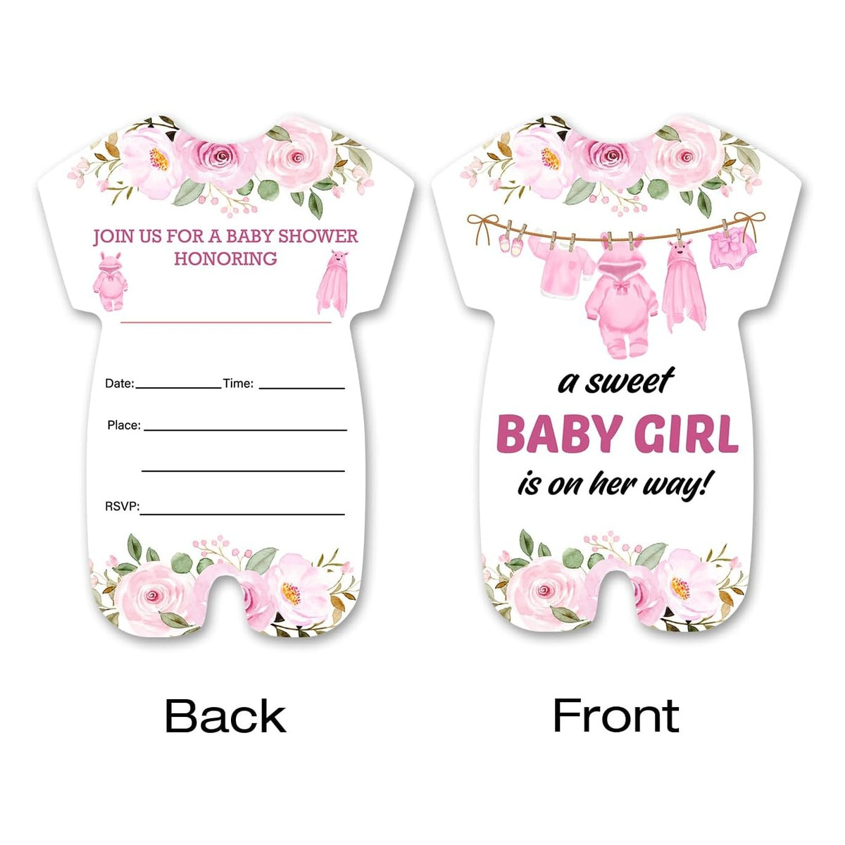 Cute Pink Baby Shower Invitations for Girl - Pink Clothes Shaped Baby Shower Party Invitation Cards - 20 Fill-in Invites with Envelopes