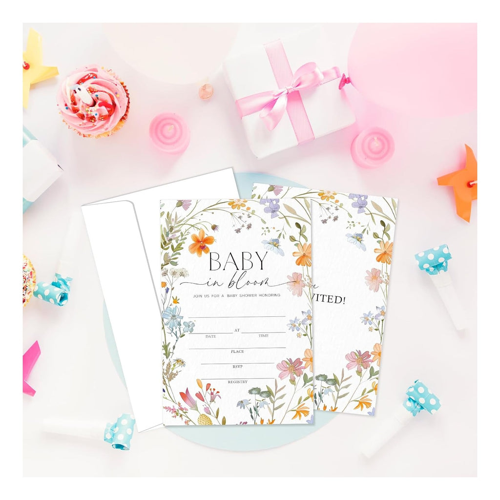 25 Sets Baby Shower Party Invitations with Envelopes baby in bloom Cute Invitation Paper Cards Fill-In Invites for Birthday Gender Reveal Party Supplies