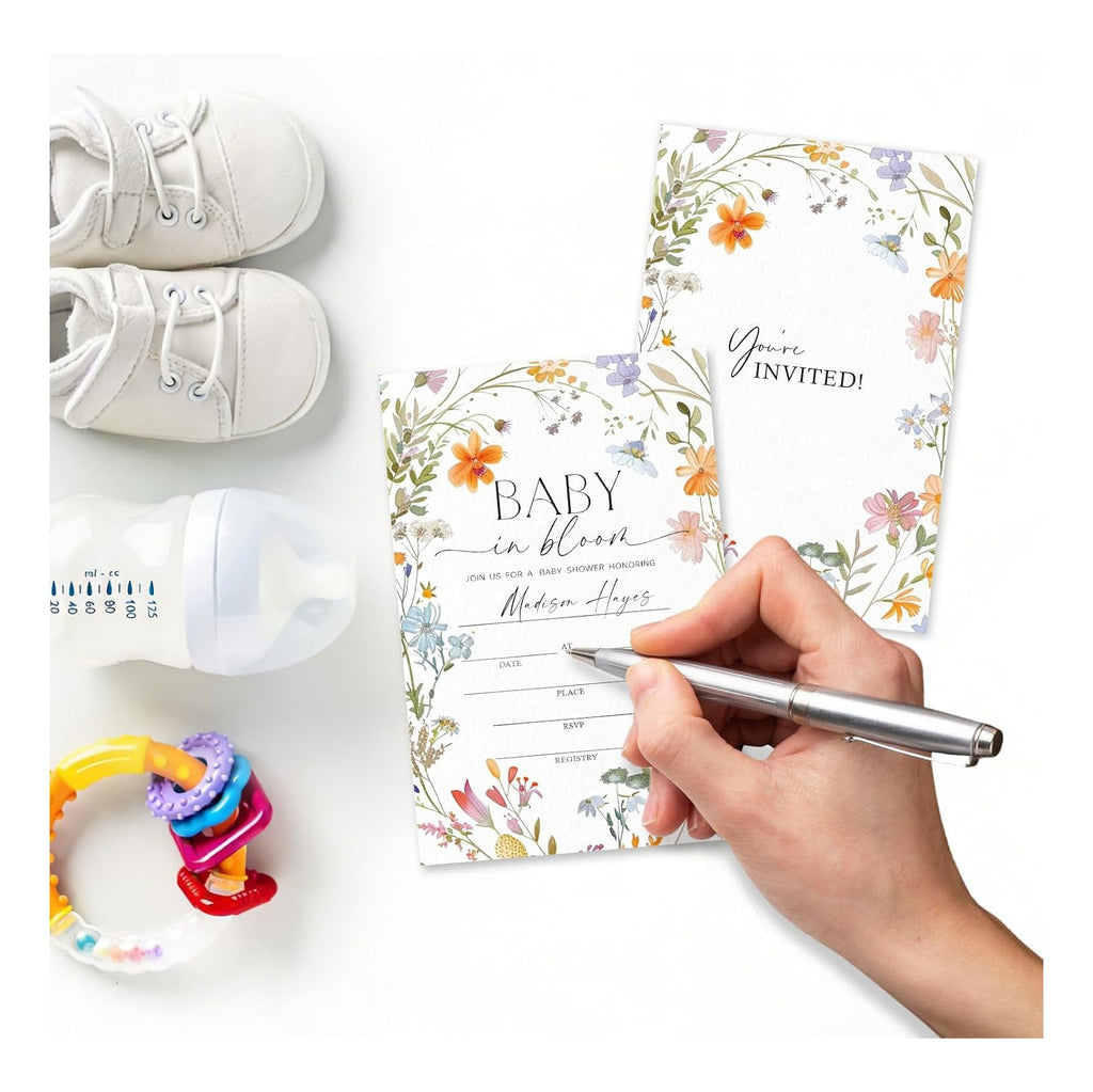 25 Sets Baby Shower Party Invitations with Envelopes baby in bloom Cute Invitation Paper Cards Fill-In Invites for Birthday Gender Reveal Party Supplies