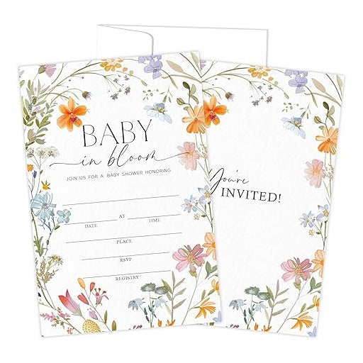 25 Sets Baby Shower Party Invitations with Envelopes baby in bloom Cute Invitation Paper Cards Fill-In Invites for Birthday Gender Reveal Party Supplies