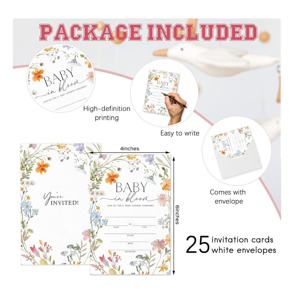 25 Sets Baby Shower Party Invitations with Envelopes baby in bloom Cute Invitation Paper Cards Fill-In Invites for Birthday Gender Reveal Party Supplies
