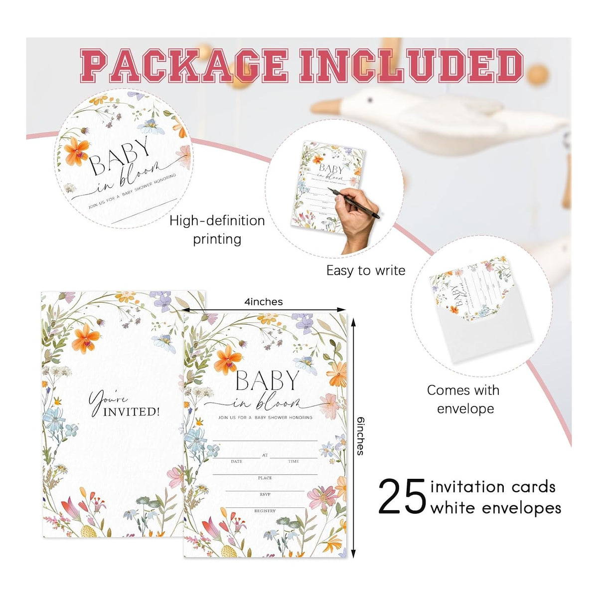 25 Sets Baby Shower Party Invitations with Envelopes baby in bloom Cute Invitation Paper Cards Fill-In Invites for Birthday Gender Reveal Party Supplies
