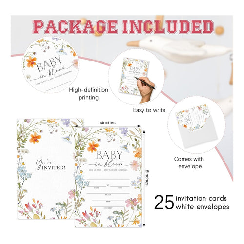 25 Sets Baby Shower Party Invitations with Envelopes baby in bloom Cute Invitation Paper Cards Fill-In Invites for Birthday Gender Reveal Party Supplies
