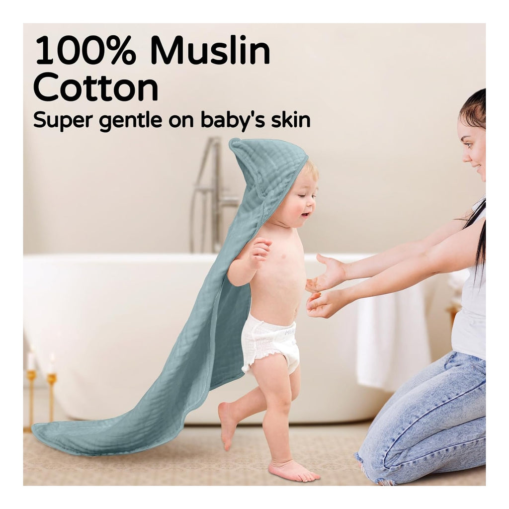 Hooded Baby Towels for Newborn 2 Pack 100% Muslin Organic Cotton Baby Bath Towel with Hood for Babies, Infant, Toddler and Kids, 32x32Inch, Soft and Absorbent Newborn Essential,Blue Elephant