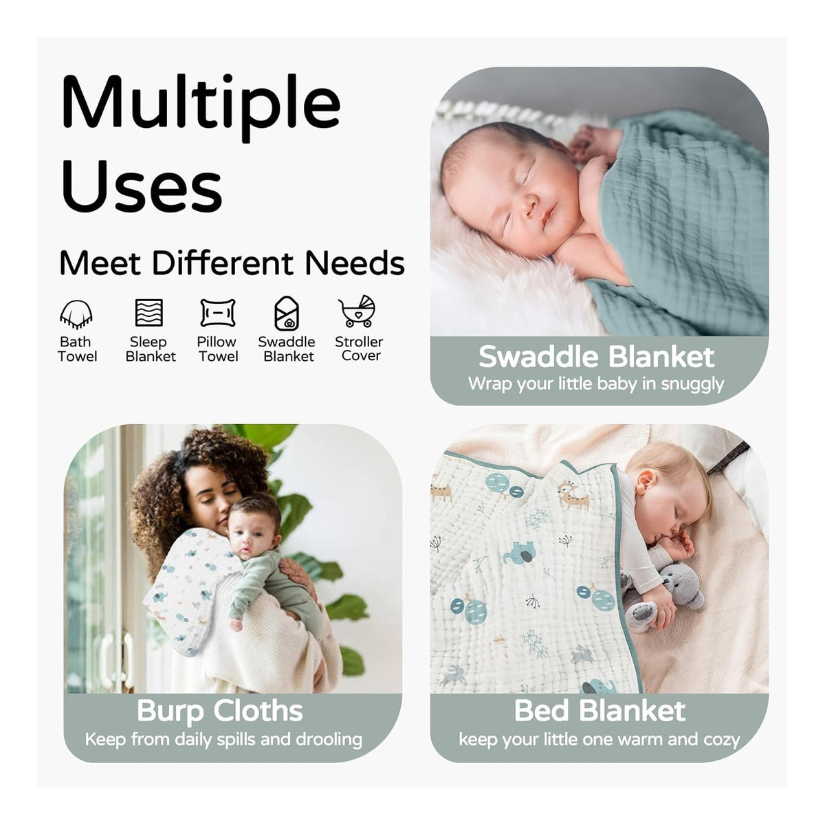 Hooded Baby Towels for Newborn 2 Pack 100% Muslin Organic Cotton Baby Bath Towel with Hood for Babies, Infant, Toddler and Kids, 32x32Inch, Soft and Absorbent Newborn Essential,Blue Elephant