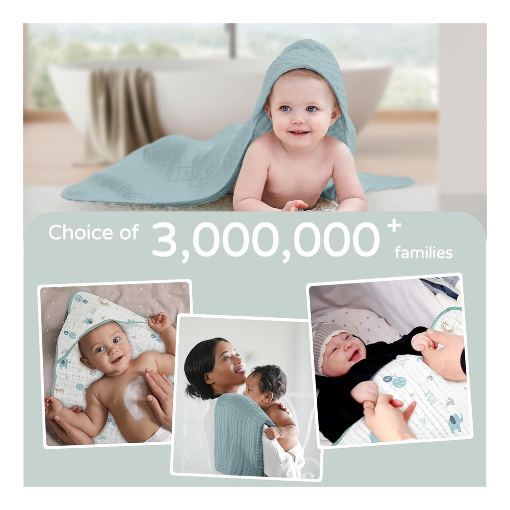 Hooded Baby Towels for Newborn 2 Pack 100% Muslin Organic Cotton Baby Bath Towel with Hood for Babies, Infant, Toddler and Kids, 32x32Inch, Soft and Absorbent Newborn Essential,Blue Elephant