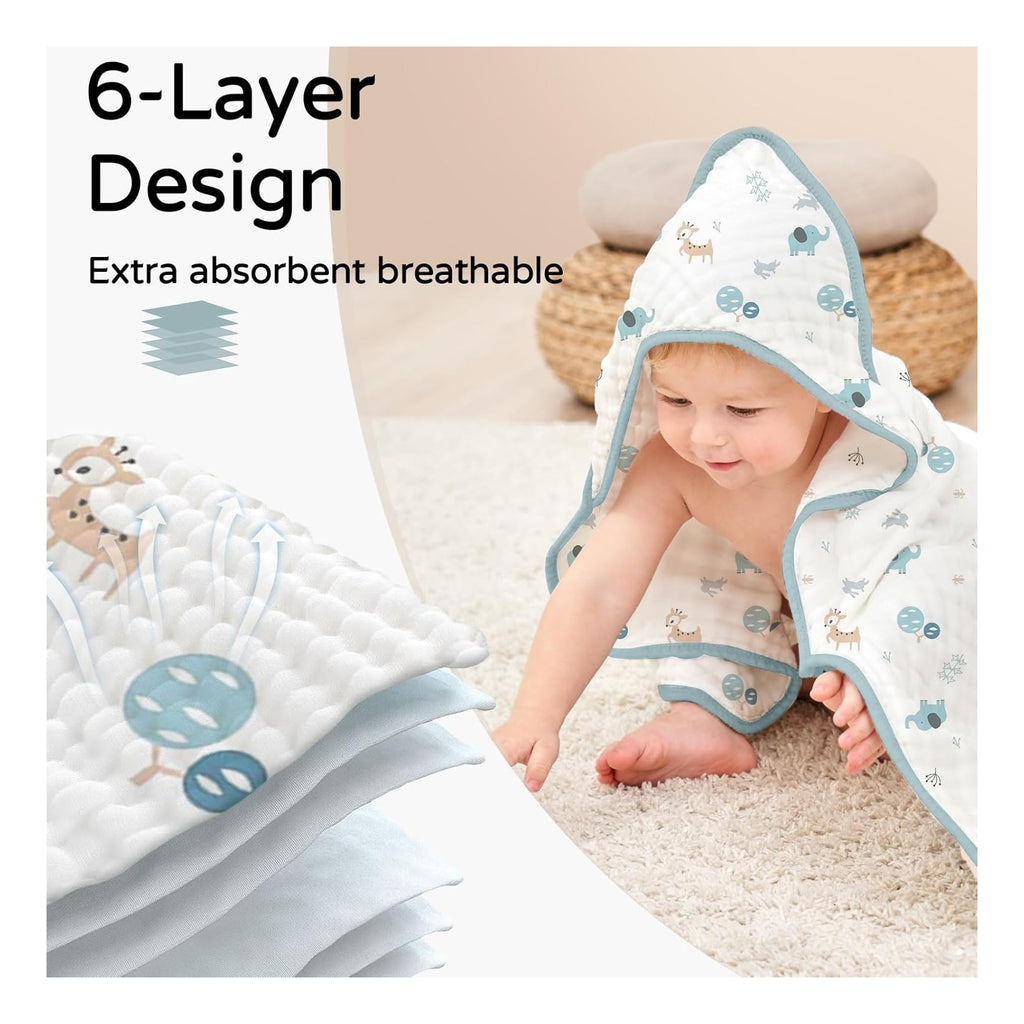 Hooded Baby Towels for Newborn 2 Pack 100% Muslin Organic Cotton Baby Bath Towel with Hood for Babies, Infant, Toddler and Kids, 32x32Inch, Soft and Absorbent Newborn Essential,Blue Elephant