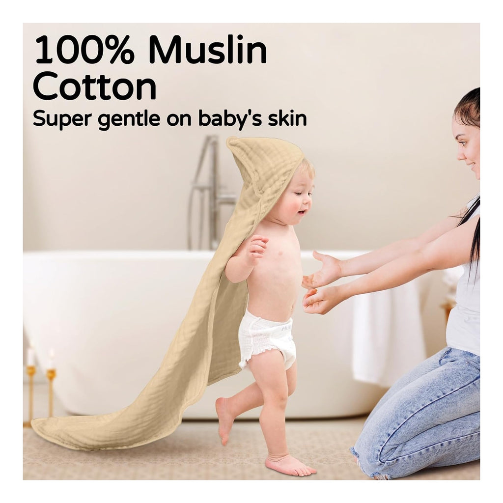 Hooded Baby Towels for Newborn 2 Pack 100% Muslin Organic Cotton Baby Bath Towel with Hood for Babies, Infant, Toddler and Kids, 32x32Inch, Soft and Absorbent Newborn Essential, Beige Floral