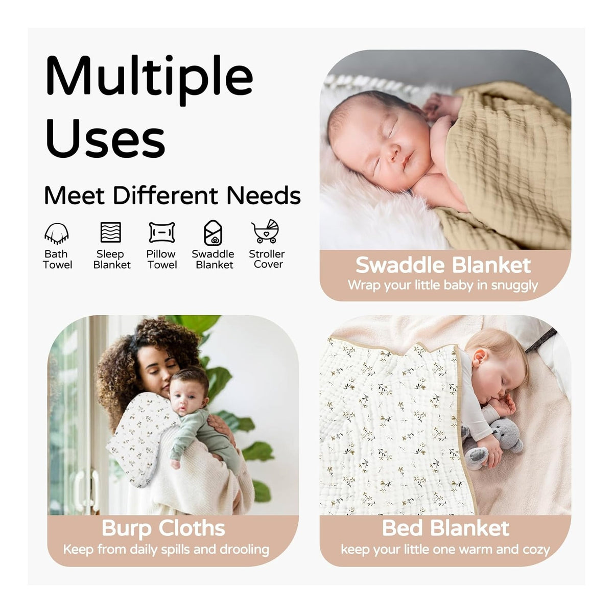 Hooded Baby Towels for Newborn 2 Pack 100% Muslin Organic Cotton Baby Bath Towel with Hood for Babies, Infant, Toddler and Kids, 32x32Inch, Soft and Absorbent Newborn Essential, Beige Floral