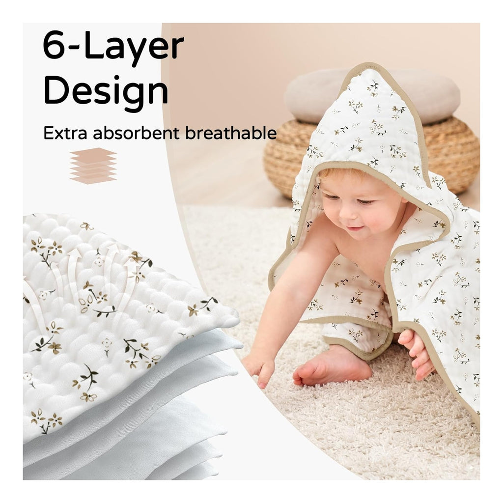 Hooded Baby Towels for Newborn 2 Pack 100% Muslin Organic Cotton Baby Bath Towel with Hood for Babies, Infant, Toddler and Kids, 32x32Inch, Soft and Absorbent Newborn Essential, Beige Floral