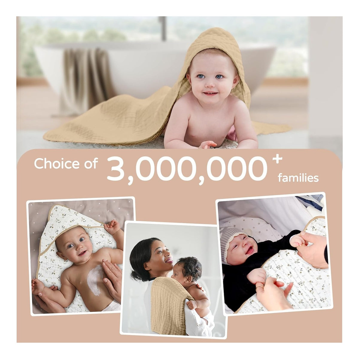 Hooded Baby Towels for Newborn 2 Pack 100% Muslin Organic Cotton Baby Bath Towel with Hood for Babies, Infant, Toddler and Kids, 32x32Inch, Soft and Absorbent Newborn Essential, Beige Floral