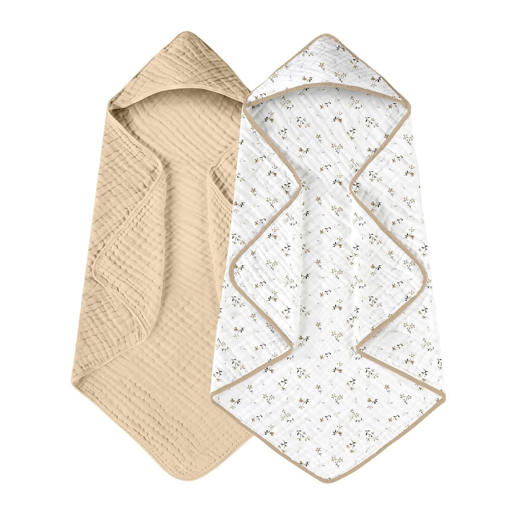 Hooded Baby Towels for Newborn 2 Pack 100% Muslin Organic Cotton Baby Bath Towel with Hood for Babies, Infant, Toddler and Kids, 32x32Inch, Soft and Absorbent Newborn Essential, Beige Floral