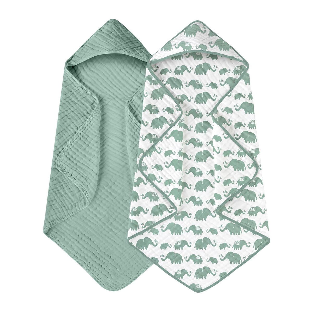 Hooded Baby Towels for Newborn 2 Pack 100% Muslin Organic Cotton Baby Bath Towel with Hood for Babies, Infant, Toddler and Kids, 32x32Inch, Soft and Absorbent Newborn Essential, Green Elephant