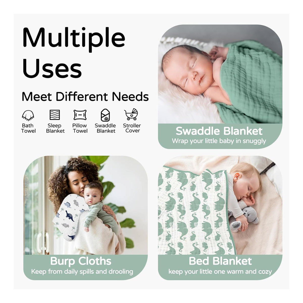 Hooded Baby Towels for Newborn 2 Pack 100% Muslin Organic Cotton Baby Bath Towel with Hood for Babies, Infant, Toddler and Kids, 32x32Inch, Soft and Absorbent Newborn Essential, Green Elephant
