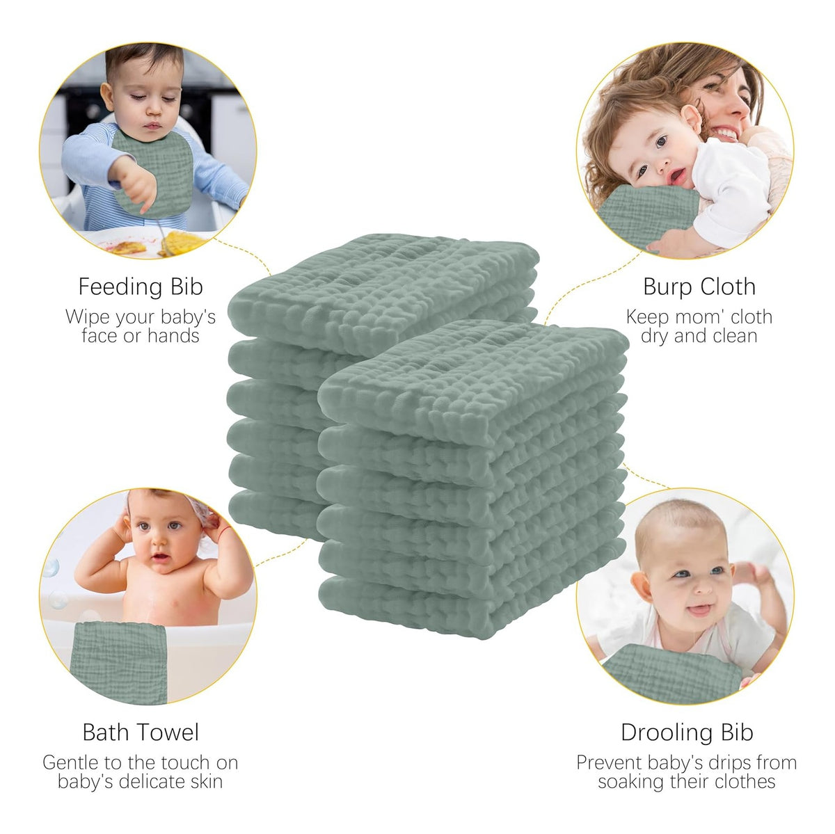 12 Pack Muslin Burp Cloths 100% Cotton Muslin Cloths Large 20''x10'' Extra Soft and Absorbent Baby Burping Cloth - Green